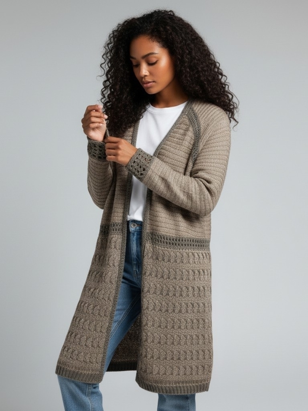 Bob Timberlake Women’s L Cardigan Sweater Open Front Beige Knitted Boho Cottage